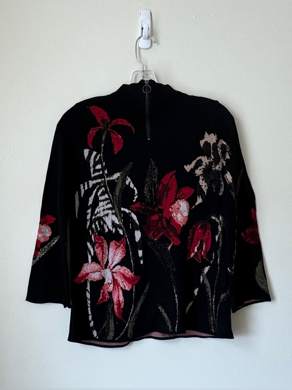 Chico’s Floral Knit Sweater 1/4 Zip Black Pink Size 1 (M)